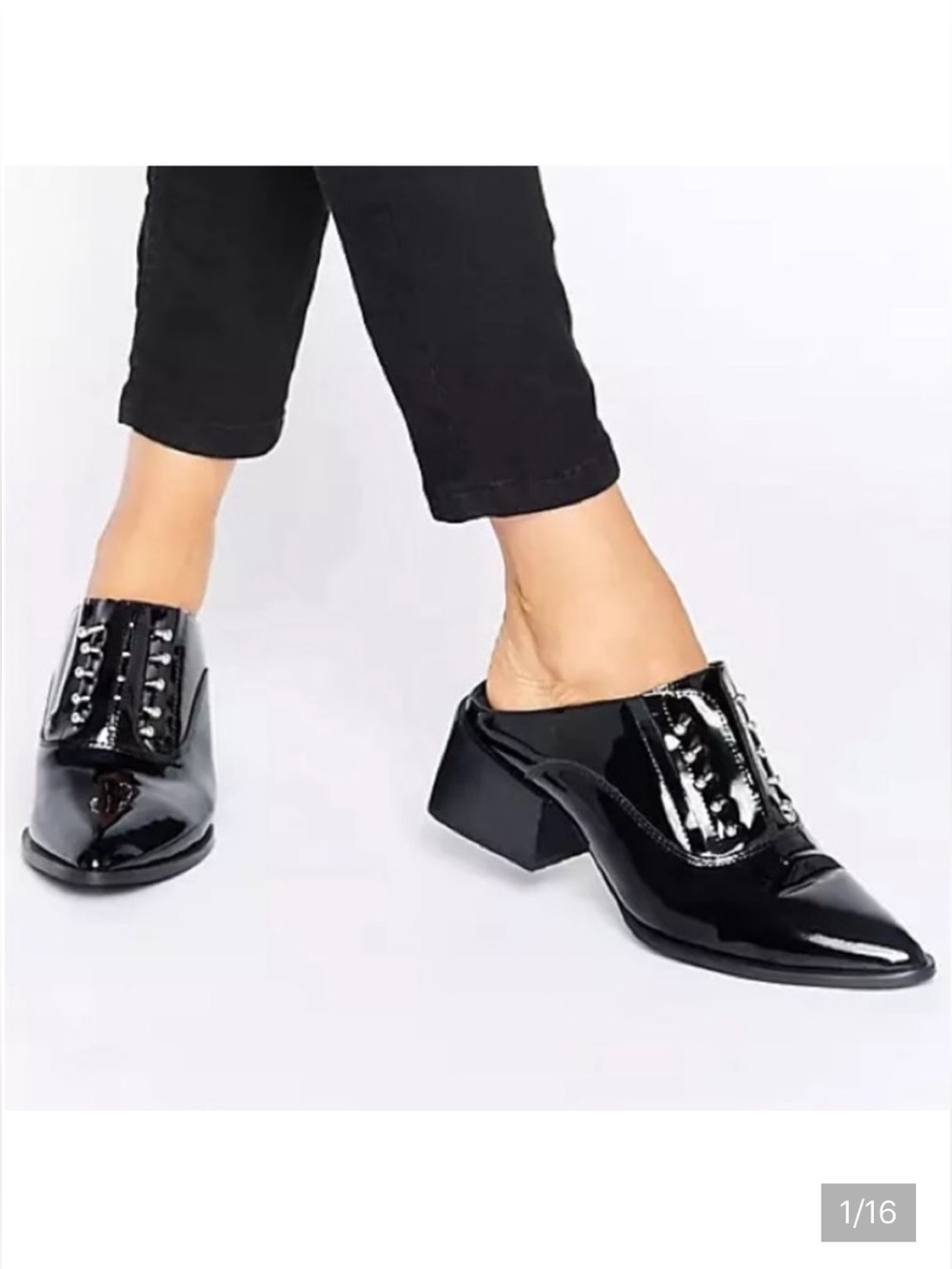 Sol Sana Women’s Claire Bar Black Patent Leather Block Heel Pointy Mule Shoe 38